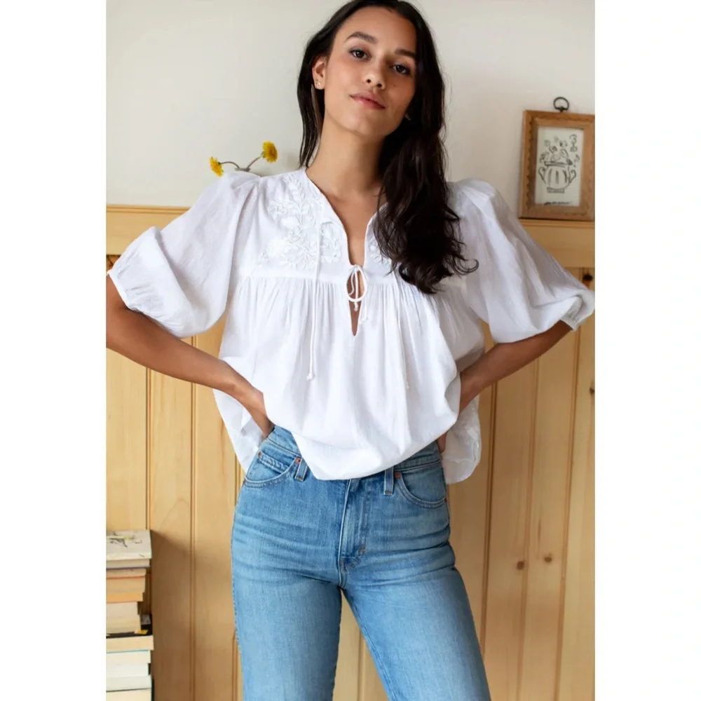 India Collection Emerson Fry Organic Cotton Embroidered Tie Front Top Womens - Picture 13 of 14